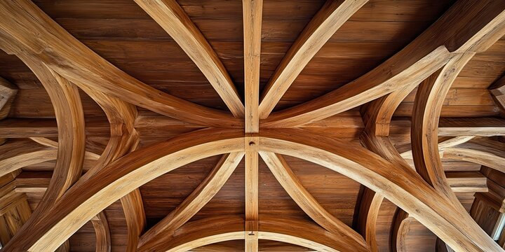 The wooden beams of the ceiling are intricately carved and have a warm