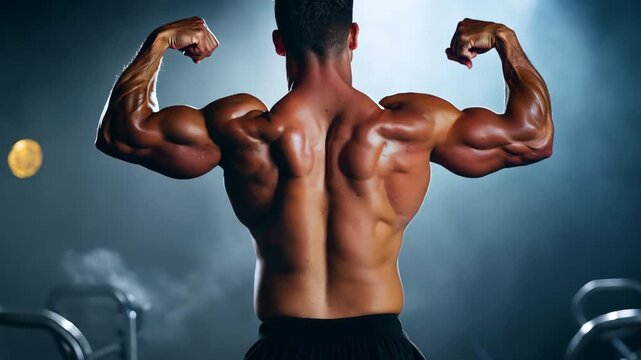 Man athlete flexing muscles showing musculature. Muscular male body. Naked torso. Back rear view from behind. Sportsman in gym. Bodybuilder doing bodybuilding. Athletic healthy body Heavy guy training