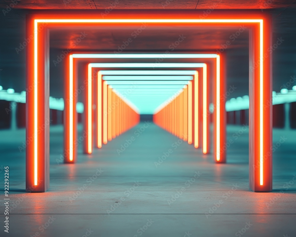 Poster a modern architectural corridor illuminated by vibrant neon lights, creating a captivating perspecti