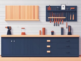 A modern workshop interior featuring tools, storage, and a clean design for woodworking enthusiasts and DIY projects.
