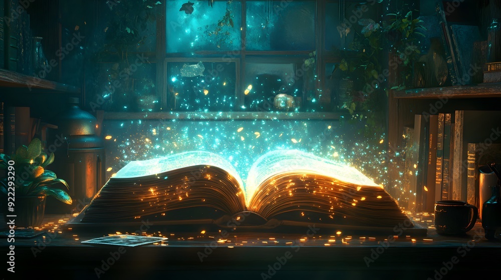 Poster magical open book with glowing particles.