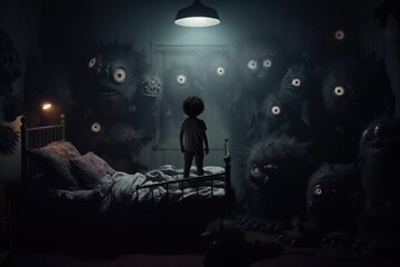 Obraz premium Nightmares, bad dreams. Terrible, scared, fear, unhappy, spooky, creepy and afraid. Childhood horrors, monsters, ghosts, devil. Dark, night, bedroom, bed and pilow.