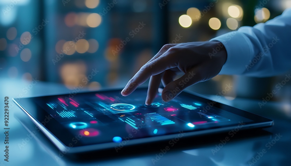 Poster close-up of a data scientist interacting with ai-generated datasets on a tablet