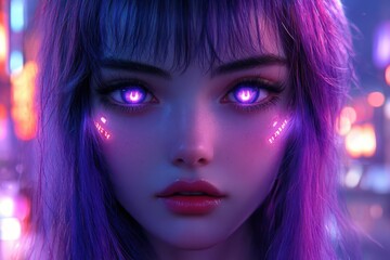 Fototapeta premium futuristic cyberpunk anime girl with vibrant purple hair neonlit cityscape background