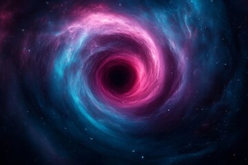 Obraz premium A deep blue and pink swirl of space with stars and a black hole in the center