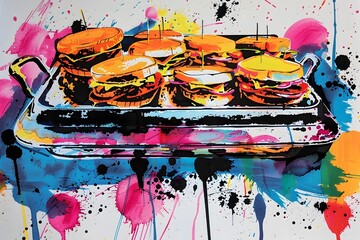 Abstract Watercolor Painting of Burgers on a Tray.