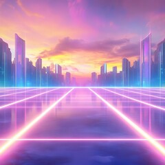 A Futuristic Cyberpunk Cityscape with Holographic Grid Overlay Showcasing a Vibrant Technology Theme in Neon Colors and Dynamic Urban Elements
