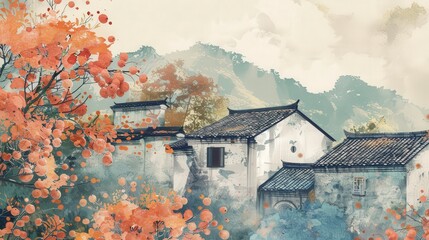 A serene landscape featuring traditional architecture amidst colorful autumn foliage.