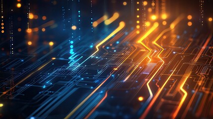 Fototapeta premium Futuristic technology abstract background with glowing circuit lines and digital light patterns, showcasing innovation and high-tech design.