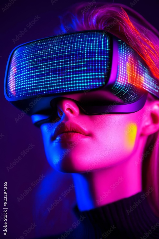Poster captivating virtual reality grid with dynamic digital overlay and striking neon blue highlights for 