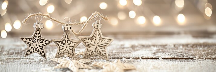 Wooden Christmas ornaments in shape of stars with lights in background banner