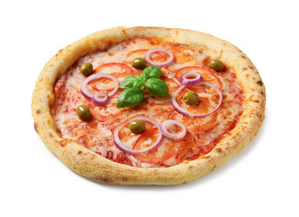 Delicious vegetarian pizza with fresh basil isolated on white