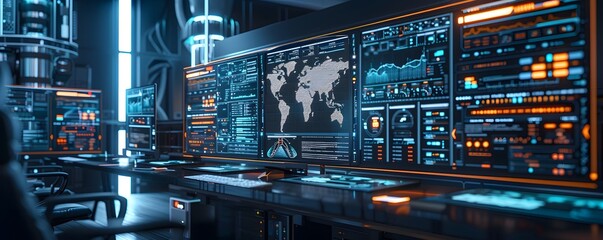 Fototapeta premium Futuristic Workstation with World Map and Data Displays