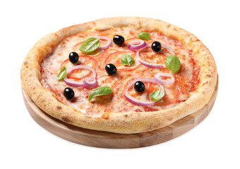 Delicious vegetarian pizza with fresh basil isolated on white