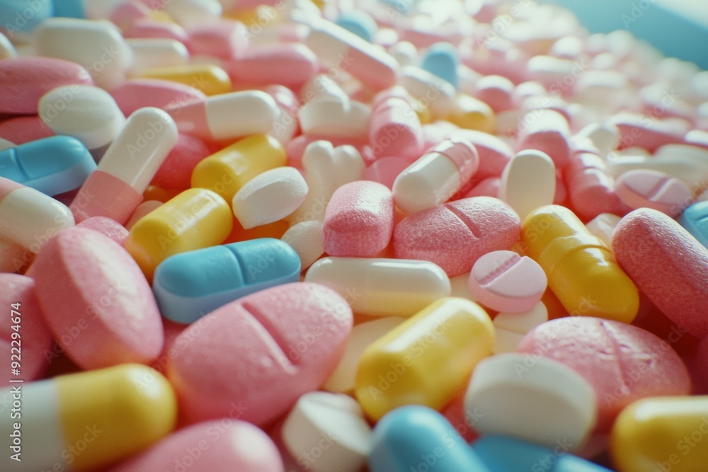 Poster close up of a mix of colorful pills scattered randomly on a soft blurred background representing the