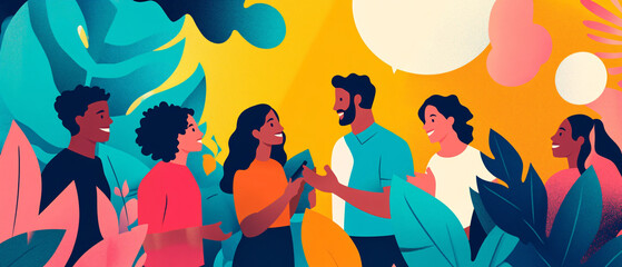 Diverse Group of Friends Chatting and Connecting in a Vibrant Outdoor Setting, Diverse Group of Friends Chatting and Connecting in a Vibrant Ou