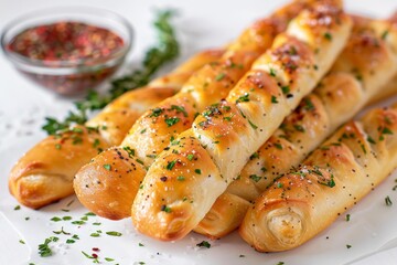 Freshly baked garlic breadsticks with a sprinkle of herbs