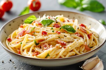 A bowl of spaghetti carbonara topped with crispy bacon and Parmesan