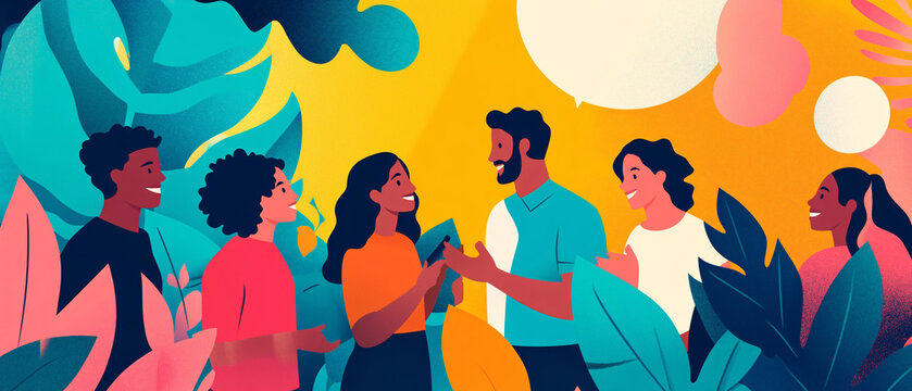 Diverse Group of Friends Chatting and Connecting in a Vibrant Outdoor Setting, Diverse Group of Friends Chatting and Connecting in a Vibrant Ou