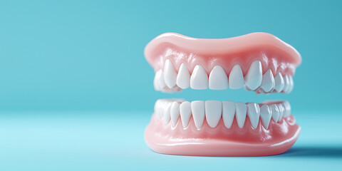 Obraz premium Teeth model with space for text on blue background
