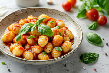 A plate of gnocchi with a rich tomato sauce and basil leaves