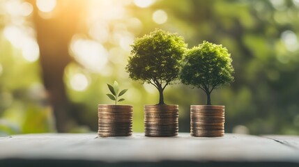 Three trees growing on stacks of coins against a green and sunlit background.