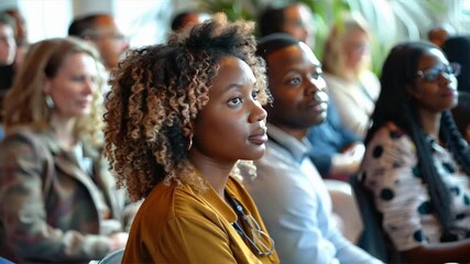 Engaged Audience Listens Intently: A diverse group of professionals captivated by a speaker, reflecting attentive learning and active participation.
