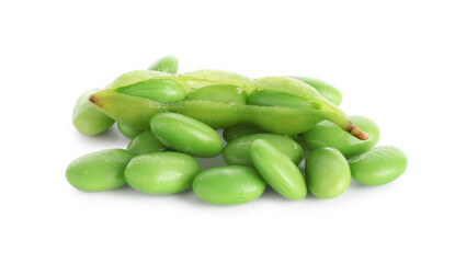 Raw green edamame soybeans and pod isolated on white