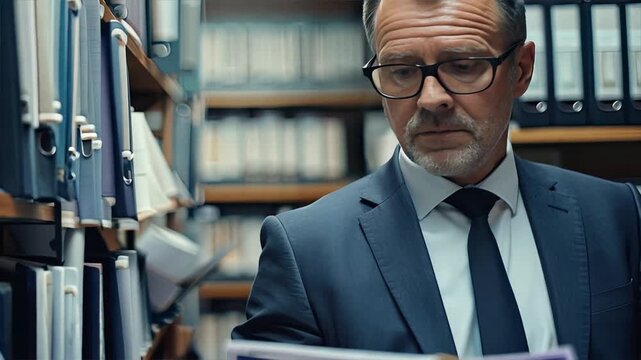 The Weight of Evidence: A seasoned detective meticulously examines case files in a dimly lit archive, his face etched with determination, hinting at the gravity of the investigation. 
