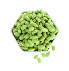 Raw green edamame soybeans in bowl isolated on white, top view