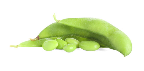 Raw green edamame pods with soybeans isolated on white