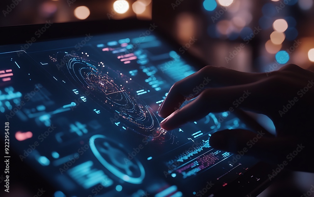 Poster close-up of a data scientist adjusting ai parameters on a touch-screen interface