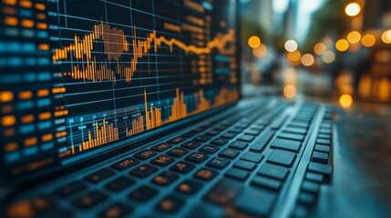 A close-up of a laptop displaying financial data and charts in an urban setting.