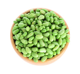Raw green edamame soybeans in bowl isolated on white, top view