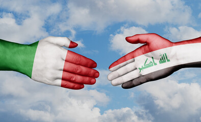 Iraq and Italy country handshaking with flags, consensus concept international co-operation illustration