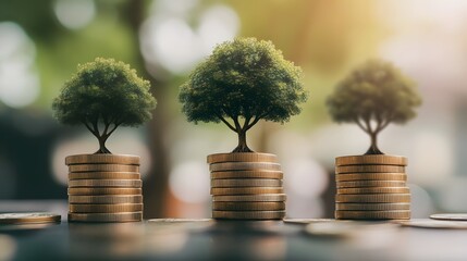 Three small trees grow on stacks of gold coins, symbolizing financial growth and prosperity.