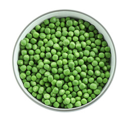 Fresh green peas in bowl isolated on white, top view