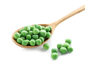 Spoon with fresh green peas isolated on white