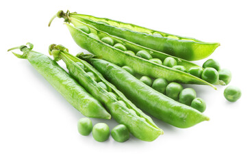 Green fresh peas and pods isolated on white
