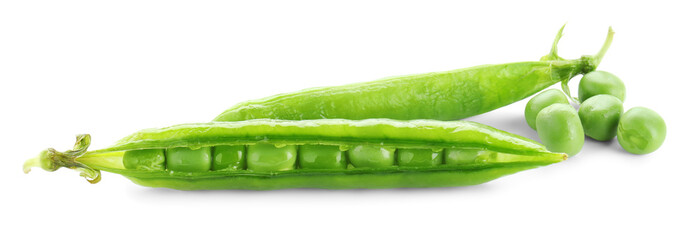 Green fresh peas and pods isolated on white