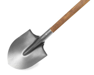 Metal shovel with wooden handle isolated on white, top view