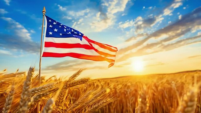 American flag waving in a golden wheat field with a sunset sky.