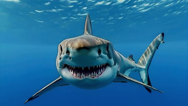 A shark swims through the ocean, its mouth open, revealing sharp teeth.