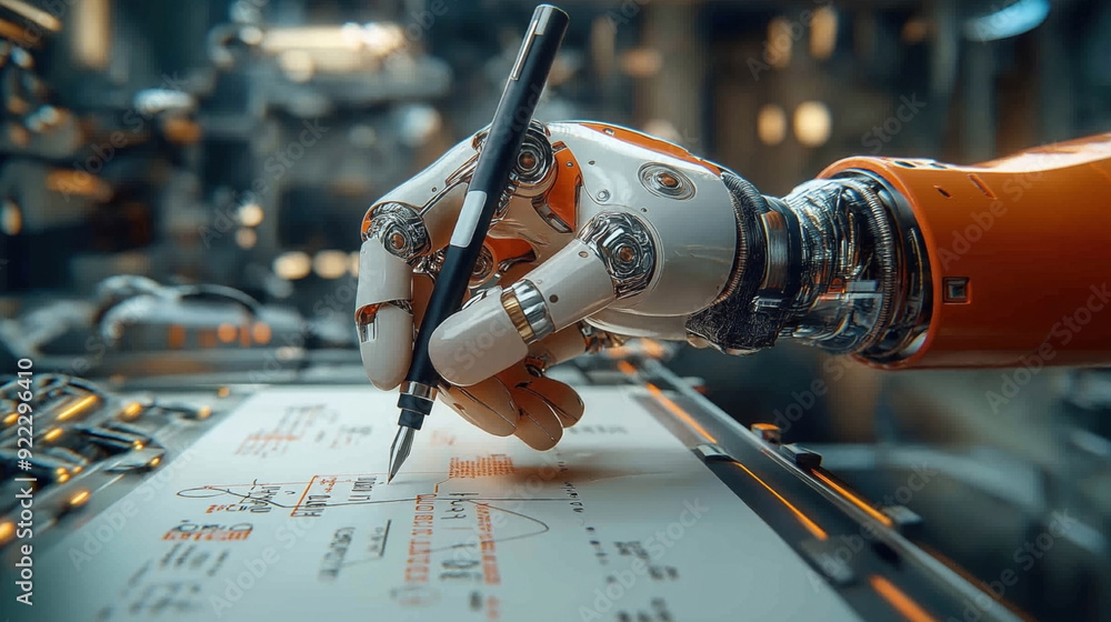 Canvas Prints Close-up of a robotic hand holding a pen and writing on a sheet with diagrams and text in a futuristic setting.