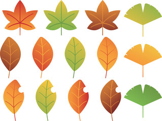 秋の葉っぱアイコン14種セット　グラデーション