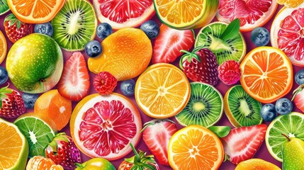 Fototapeta premium Juicy and delicious seamless pattern of mixed fruits in bright colors.