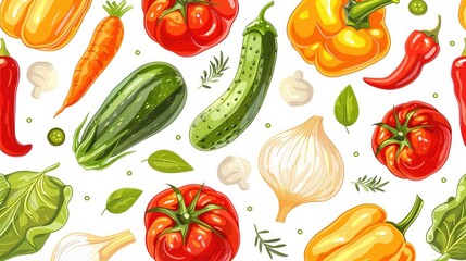 Juicy and fresh seamless pattern of assorted garden vegetables.