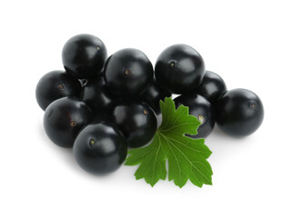 Fresh ripe black currant berries with leaf isolated on white