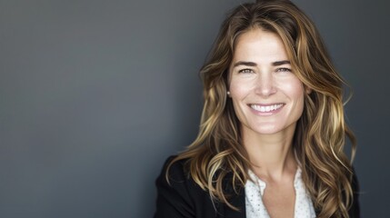 Obraz premium Professional businesswoman smiling, ready for business. Plenty of copy space on the right side.