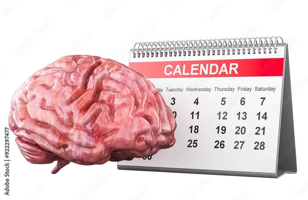 Poster desk calendar with human brain, 3d rendering isolated on transparent background
